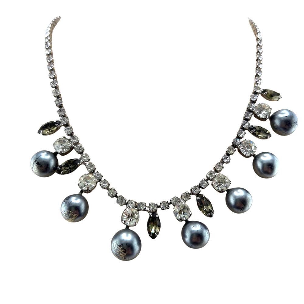 Vintage Silver Tone Grey Faux Pearl Olive Green Rhinestone Bib Necklace